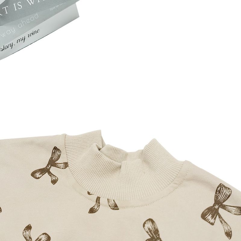 Ins Korean version girls' autumn winter new swe and stylish bow full print bubble sleeve bell bottom pants two-piece_voghion.com