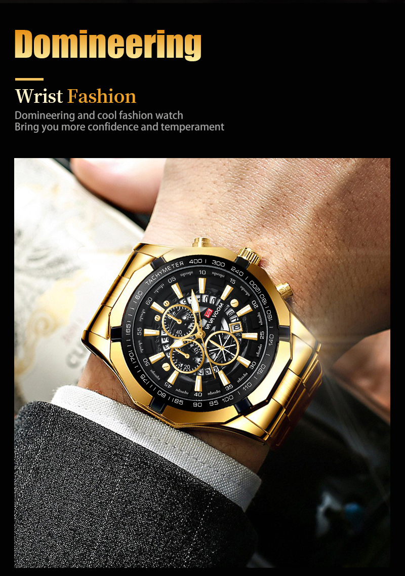 Relógio masculino com pulseira de aço, três olhos, seis pinos, calendário luminoso, esportivo, à prova d'água, relógio de quartzo_voghion.com