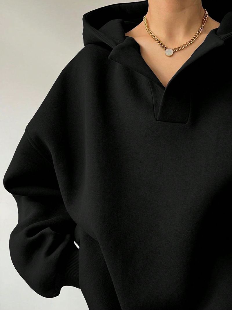Women's Clothing Sweatshirt Solid Color Long Sleeve Hooded Solid Color Loose Sweater Women's Top_voghion.com