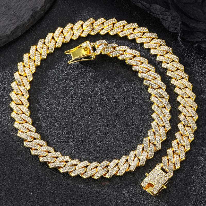 13MM Rhombus Prong Cuban Link Chain 2Row Iced Out Rhinestones Rapper Necklaces Bracelet For Men Women Choker Men Jewelry_voghion.com