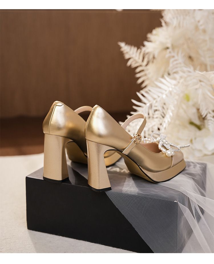 Y9759-096 Color Block Mary Jane Rhinestone Bow Chunky Heel High Heels Lively Elegant Luxurious Dress Shoes_voghion.com