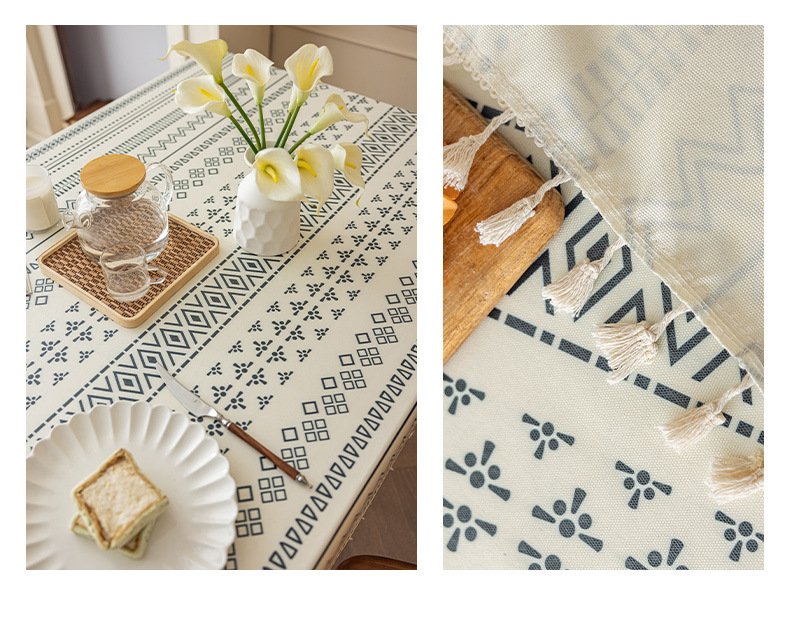 Bohemian tablecloth, cotton and linen, washable fabric, ethnic style, rectangular tassel dining, homestay tablecloth, waterproof and oil resistant_voghion.com
