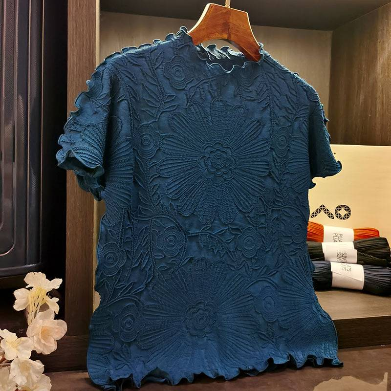 Maglietta da donna con colletto alto, plissettata, in un unico pezzo, con stampa a sole, pullover, tinta unita, a maniche corte, stile classico con ricamo pesante_voghion.com