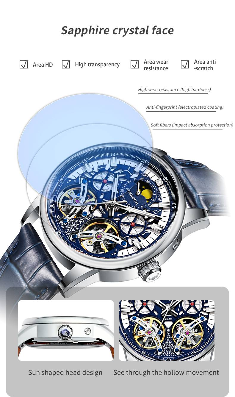 ROERDUM Double Tourbillon Series Skeleton Blue Dial Leather Strap Trendy Fashion Men's Mechanical Watch_voghion.com