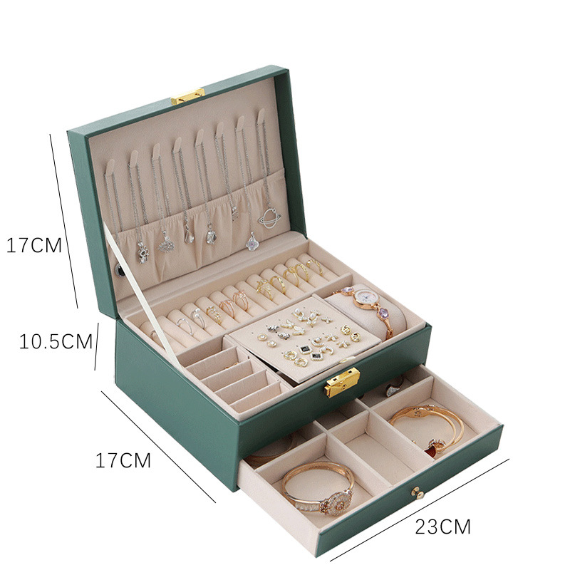 Doppelschichtige Schmuckschatulle aus Leder im Schubladenstil, hochwertige Ohrring-Handschmuckschatulle, Ohrring-Ohrring mit Schloss, Schmuck-Aufbewahrungsbox_voghion.com