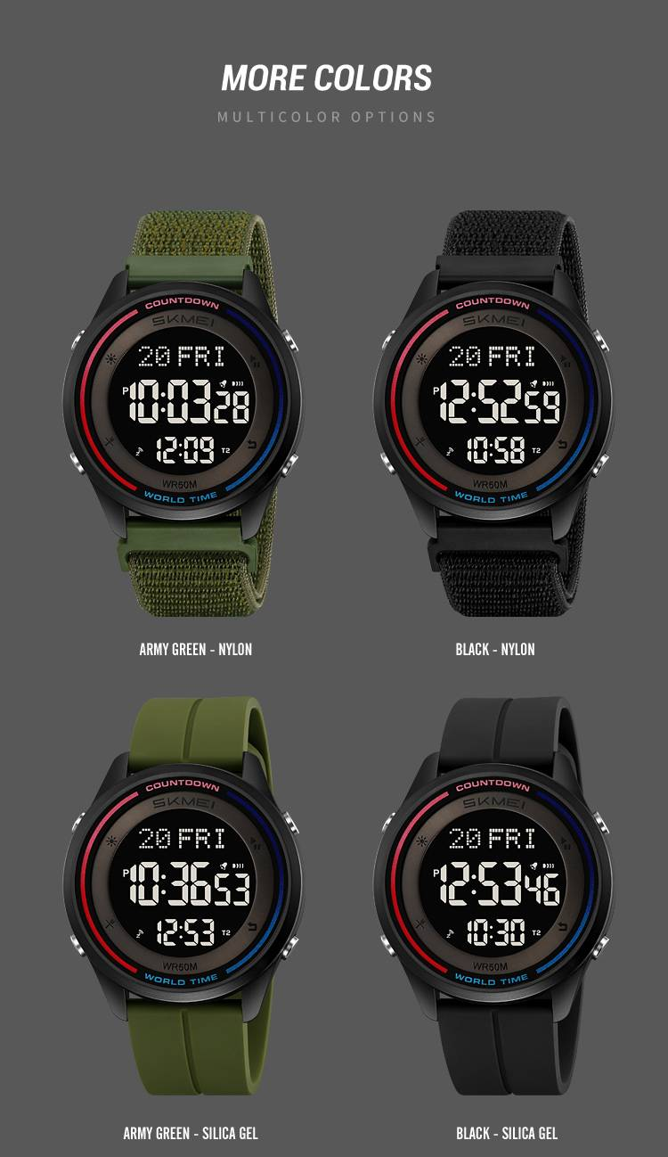 SKMEI 2412 Smart Watch: World Time, Stopwatch, 4 Alarms, EL Backlight, Date Display, WR 50M Water Resistant, 12/24 Hour Format, Countdown Timer_voghion.com
