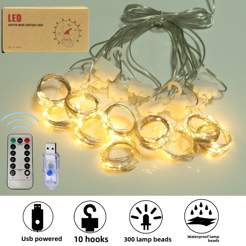 3 x 3 m Philips LED-Lichtervorhang – Lichterkette mit Fernbedienung und Timer, IP43 wasserdicht, 300 LEDs, USB-betrieben für Weihnachts- und Heimdekoration_voghion.com