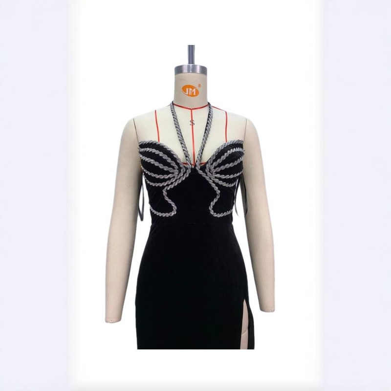Elegante abito da sera in velluto nero con scollo a V e dettagli in strass – Abito da sera formale sexy con spacco alto per donna_voghion.com