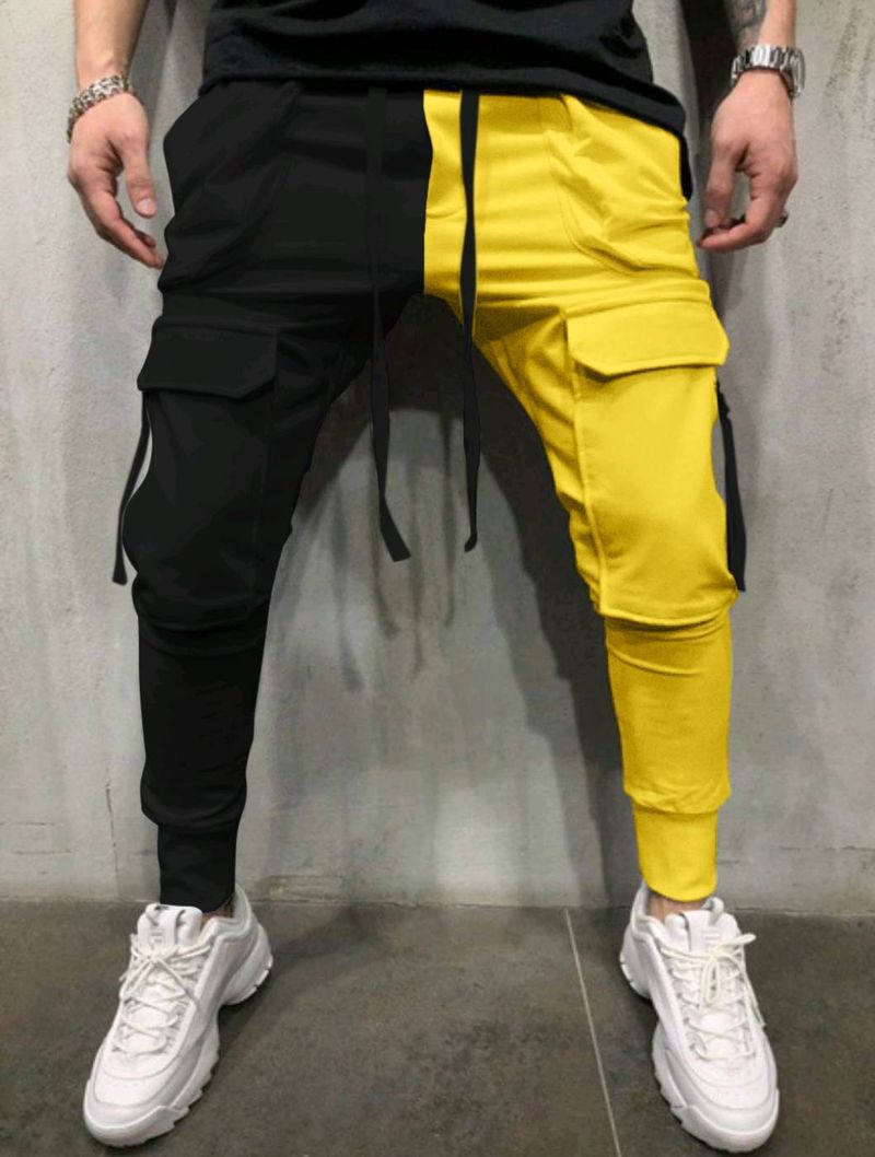 2026 Fashion European-USA Style Sweatpants Youth/Men Polyester Mid Waist Lace-Up Splicing Multi-Pocket Casual Small Foot Sport Pants_voghion.com