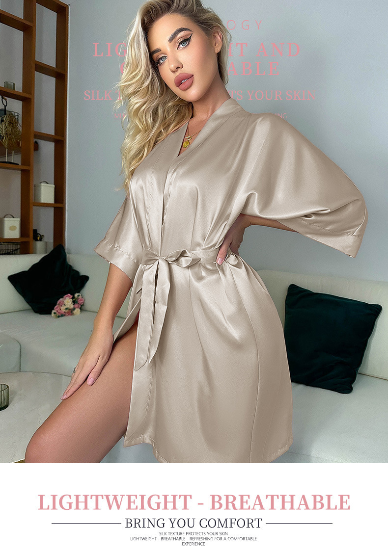 Women’S Clothing Sexy Silk Nightgown Casual Thin Home Wear Pajamas Simple Loose Cardigan Lace Up Bathrobe_voghion.com
