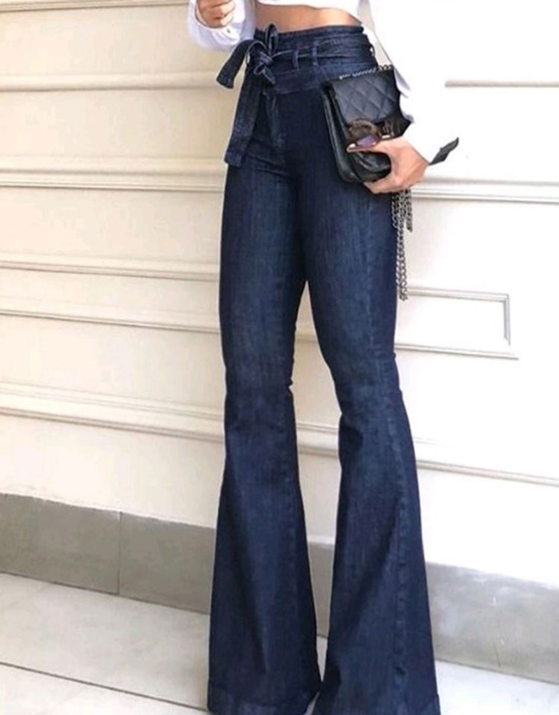 high waist micro elastic lace up flared pants wide leg pants women's jeans_voghion.com