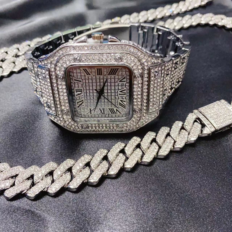 3PC Hip Hop Uhr Halskette Armband Schmuck Set für Männer Bling Gold Silber Diamant Iced Out Box Kubanische Kette relogio_voghion.com
