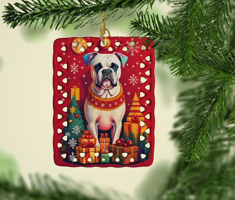 White Boxer Holiday Christmas Porcelain Ornament Christmas Tree Hanging Decorations For Home Christmas Holiday, Rectangle, Gift, Multicolor_voghion.com