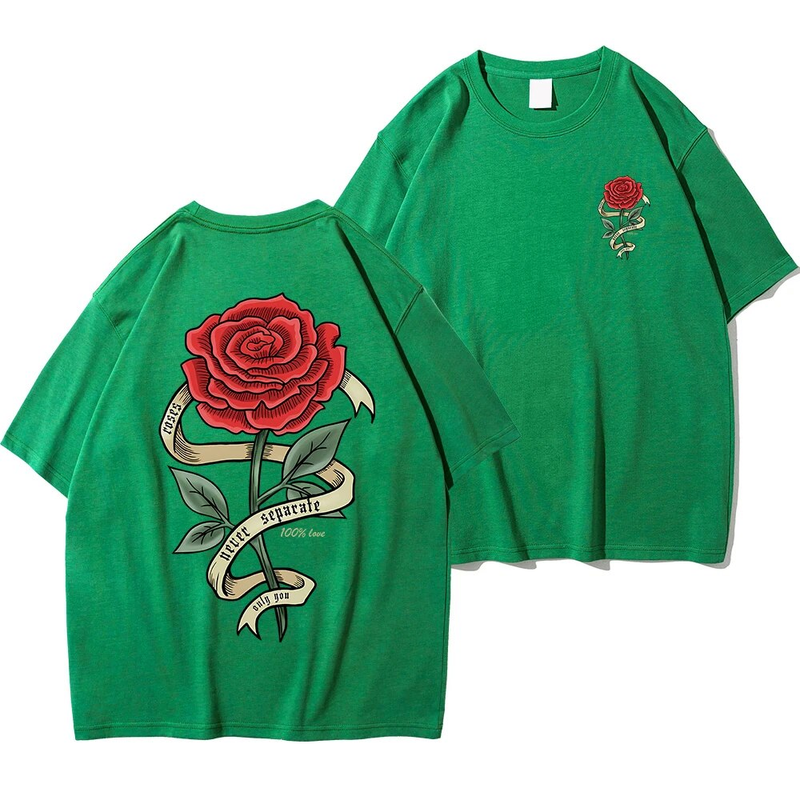 Røde roser pakket ind i båndprint herre bomuld åndbar t-shirt tøj overdimensionerede afslappede løse t-shirts korte ærmer_voghion.com