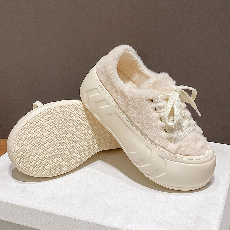 Scarpe da donna per capispalla autunnali e invernali, scarpe di cotone con suola spessa e velluto, scarpe pelose giganti, scarpe con zeppa stringate a punta tonda,_voghion.com