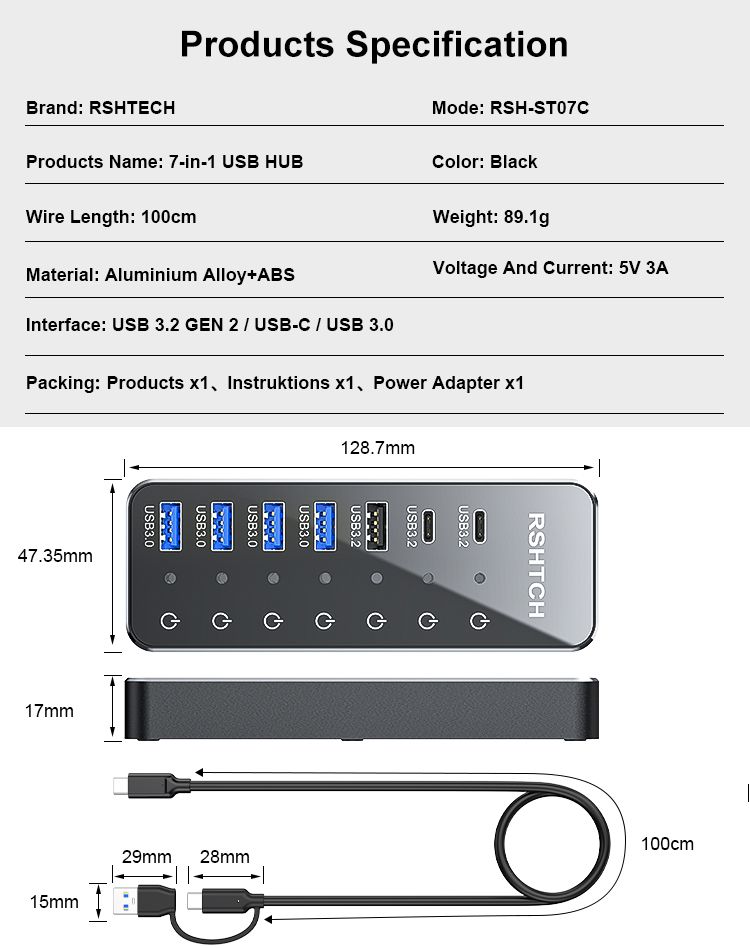RSHTECH 7-Port Powered C Hub With 10Gbps USB-C 3.2 Ports Individual Touch Switches 5V/3A Pow Adapt Laptop USB_voghion.com