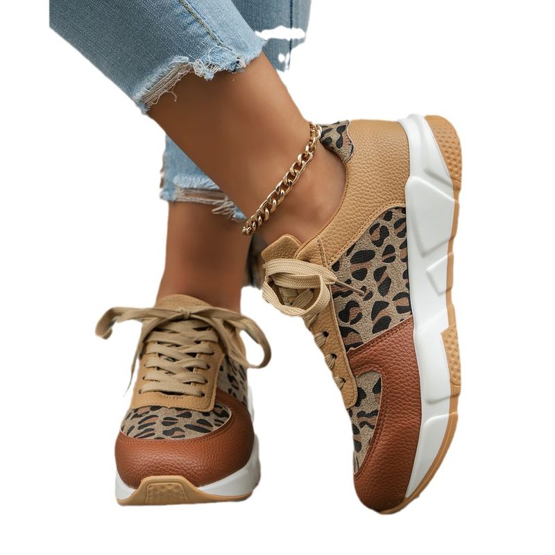 Spring And Autumn New Plus Size Leopard Print For Women Flat Lace-up Sports Casual Shoes_voghion.com