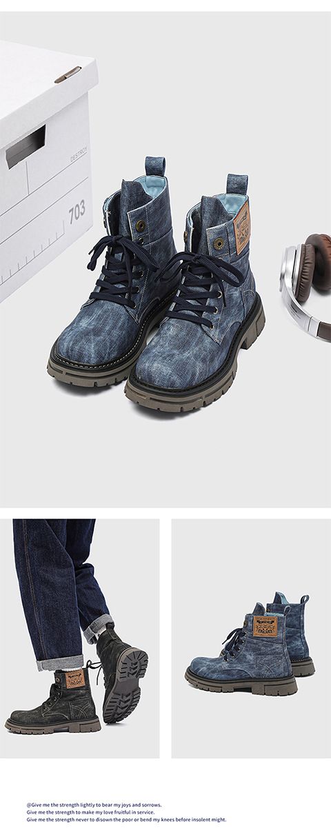 Men’s Shoes version sweet retro style thick heel round toe front lace up men's mid tube denim boots_voghion.com