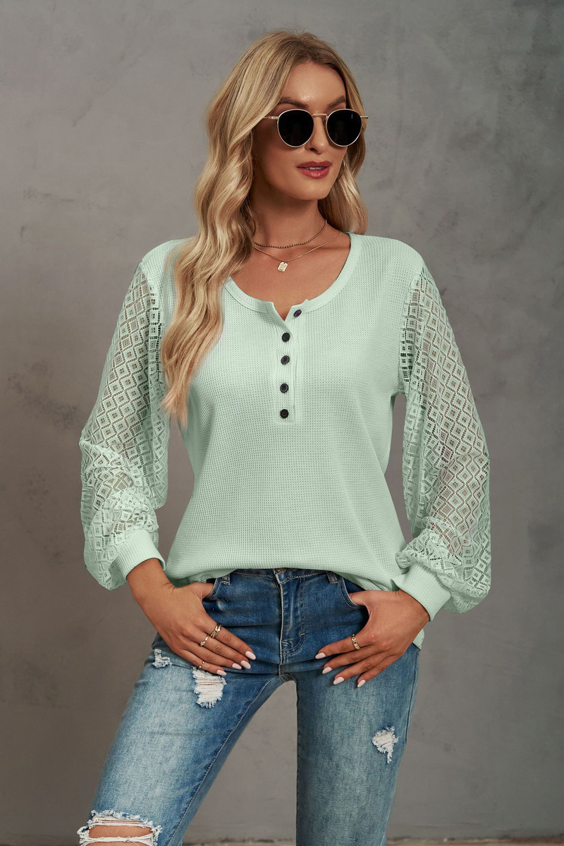 Women's Clothing Casual Waffle Grace Panel Long Sleeve Button T-shirt Top_voghion.com