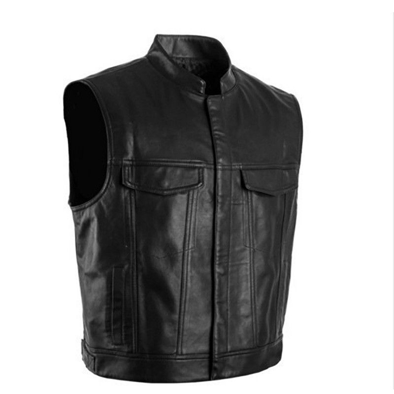 Top Excellent Zipper Button Motorcycle Casual Leather Vest P75 Men_voghion.com