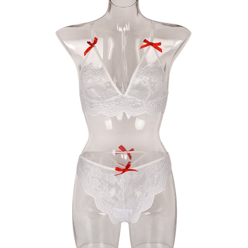 Women's Intimates New Bow Deep V Jacquard Two Piece Sexy Lingerie_voghion.com