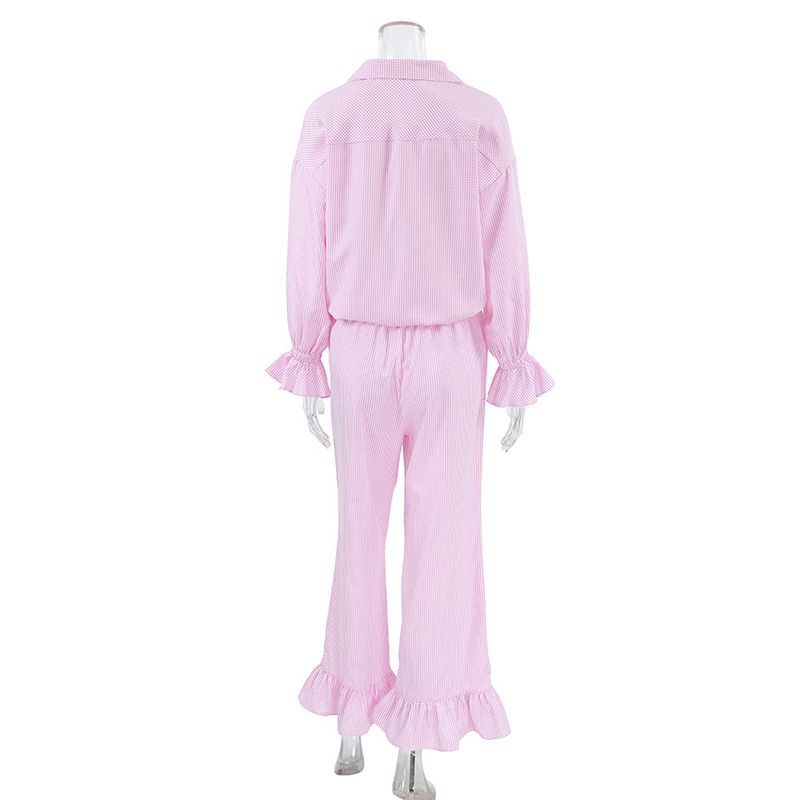 Pigiama da donna, cardigan a maniche lunghe con volant e plaid rosa, pantaloni con lacci, due pezzi, abbigliamento per la casa_voghion.com
