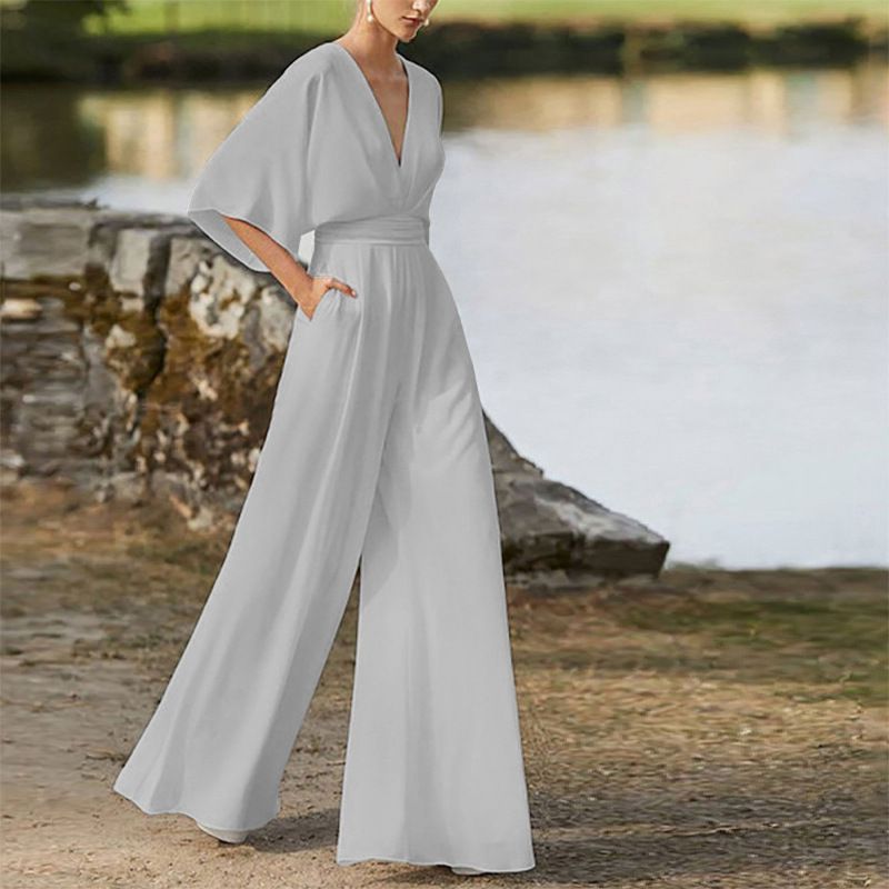 Damesjurk Jumpsuit Hot Sale Diepe V-broek met hoge taille en wijde pijpen_voghion.com