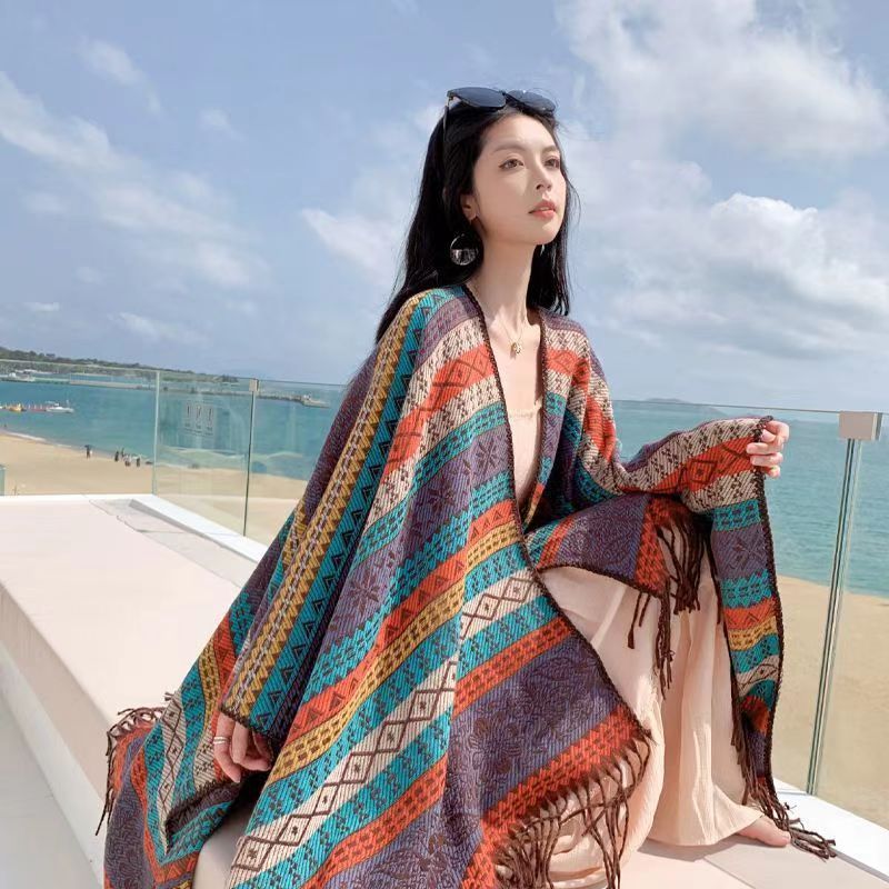 Ethnic Style Striped Cape Shawl New Tibetan Yunnan Lijiang Versatile Travel Warm_voghion.com