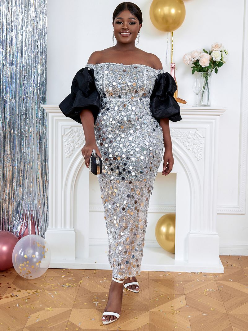 Women's Clothing sequin dress large size sexy one shoulder one step skirt Party dress_voghion.com