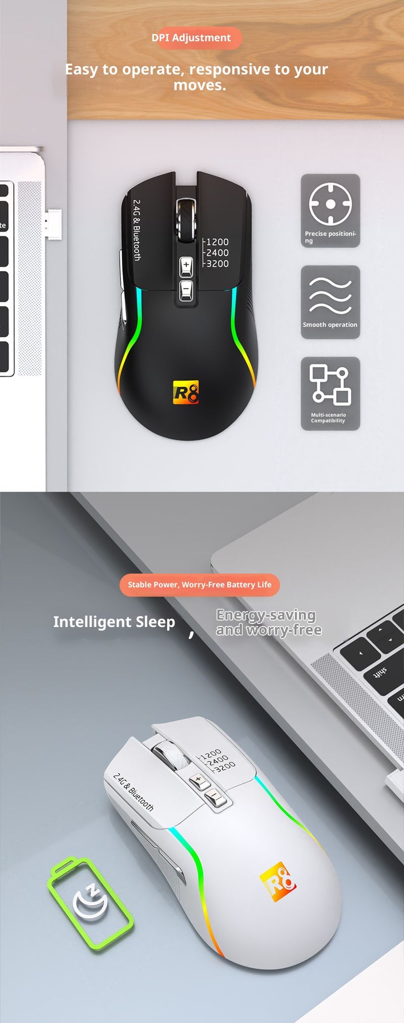 Digitex Digitex R8 Brand Wireless Bluetooth Dual Mode Mechanical Office Gaming Universal Colorful Luminous Mouse Cross-Border Wholesale_voghion.com