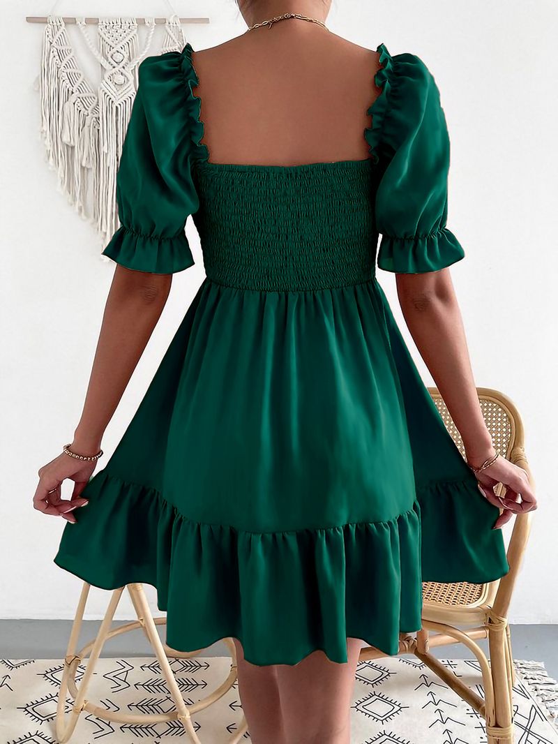 Square Collar Ruffled Short Sleeve High Waist Tight Fit Commuter Dress_voghion.com