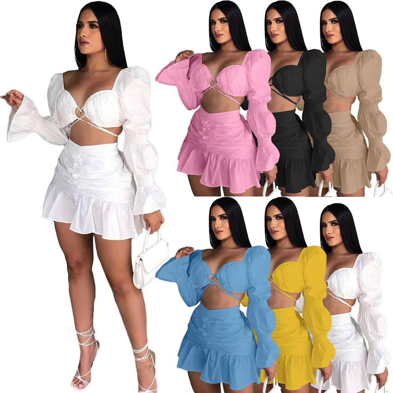 Ensemble 2 pièces sexy pour femme, tenue de festival, haut court à manches bouffantes et mini-jupe à volants, tenue de club, tenue de soirée assortie_voghion.com