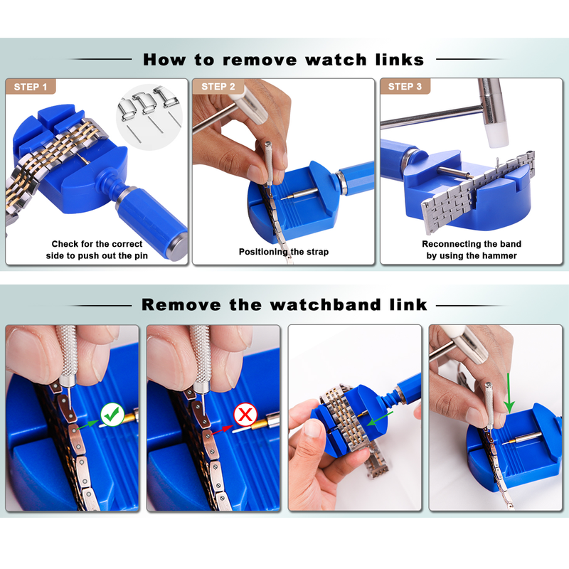 Watch Repair Tool Watch Link Removal Kit Watch Strap Replacement Tool Adjust Watch Strap Pin Replacement, Watch Hammer, Spring Rod_voghion.com