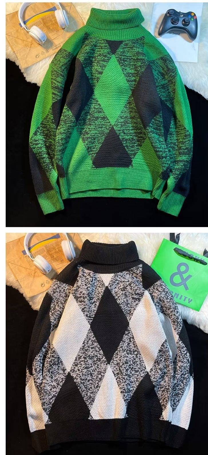Herren-Winter-Rollkragenpullover mit Karomuster, übergroßer Strickpullover für Männer und Frauen, dick, warm, lässig, schick_voghion.com