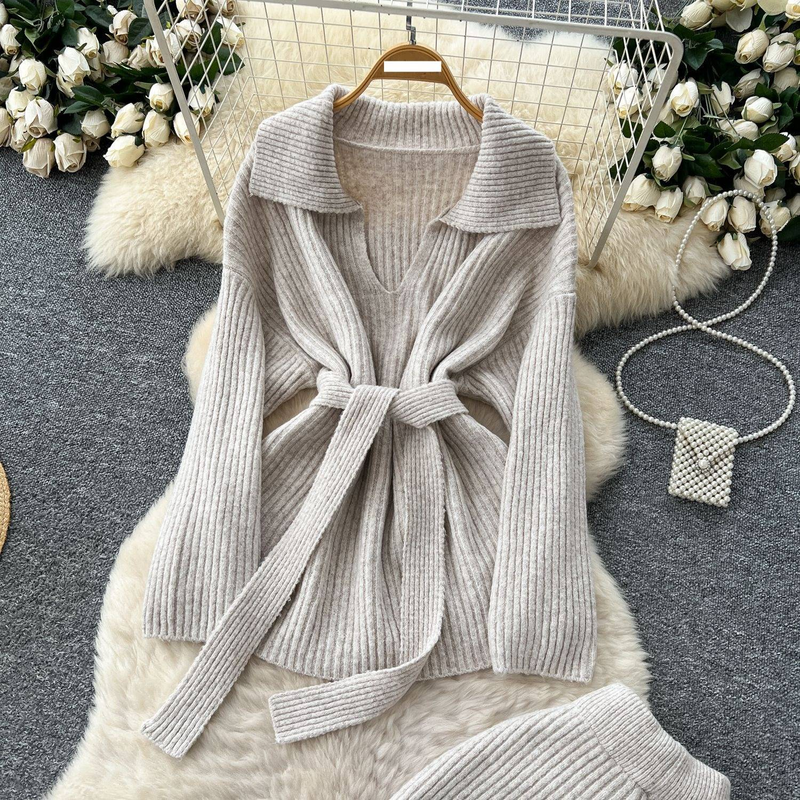 Elegant Lazy Style Knit Sweater Set With Belted Waist & High-Waisted Pants – Oversized Lapel Long Sleeve Two-Piece Outfit In Dark Gray / Beige_voghion.com