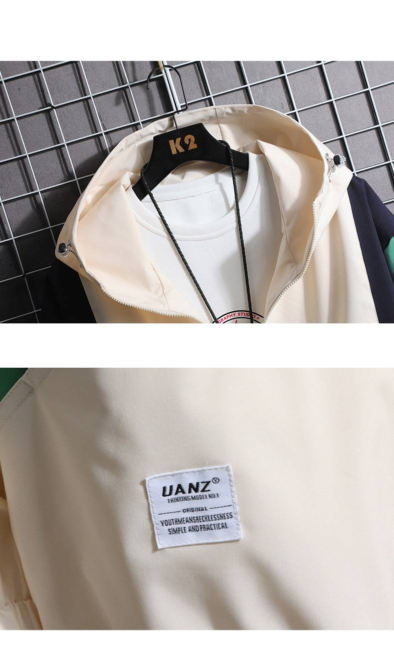 Giacca a vento unisex con cappuccio color-block – Giacca oversize alla moda per uomo e donna, cappotto casual leggero con cerniera (beige/blu navy/nero, S-3XL))_voghion.com