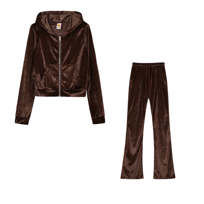 Women's Solid Color Multi-color Casual Canary Pocket Hooded Zipper Hoodie Wide Leg Pants Two-piece Set_voghion.com