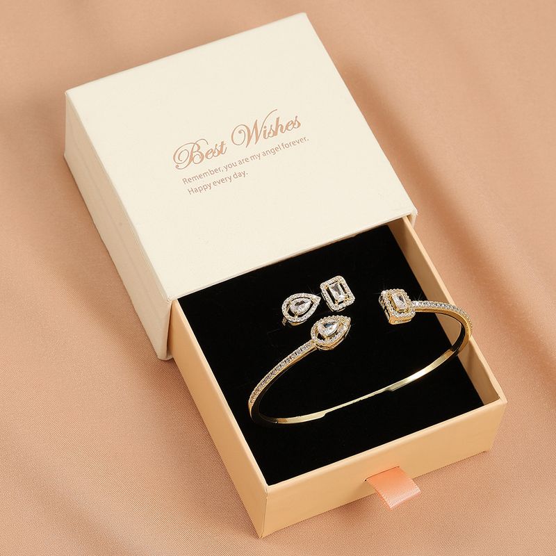 Bijuterii pentru damă, cu capăt deschis, în formă de lacrimă, cu diamante, cu zircon, brățară, inel, set de două piese, cu diamant pătrat de calitate superioară, bijuterii reglabile, bijuterii de mână_voghion.com