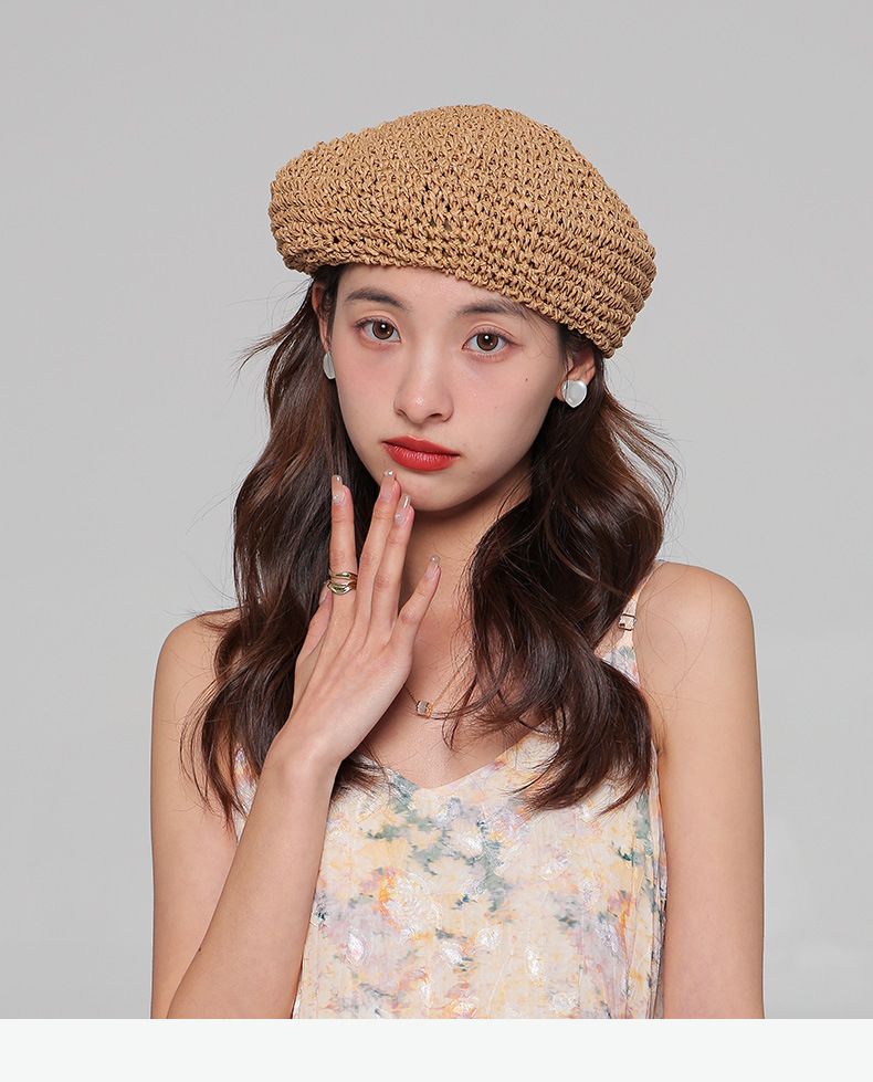 Französische Retro-Baskenmütze aus Grasgewebe für Damen, Internet-Berühmtheit, gleicher Stil, künstlerischer Malerhut, atmungsaktiver Strohhut für Damen im Sommer_voghion.com