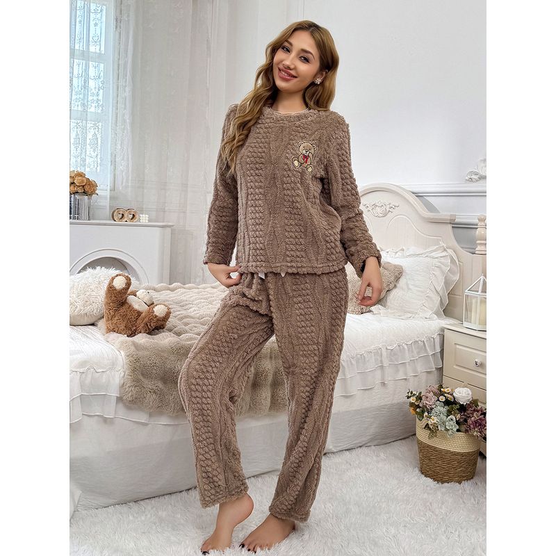 Gemütliches Winter-Pyjama-Set aus Fleece mit Bären-Print für Damen – Nachtwäsche aus weichem Korallenfleece mit langen Ärmeln, Lounge-Outfit für Zuhause (Braun, S/M/L/XL)_voghion.com