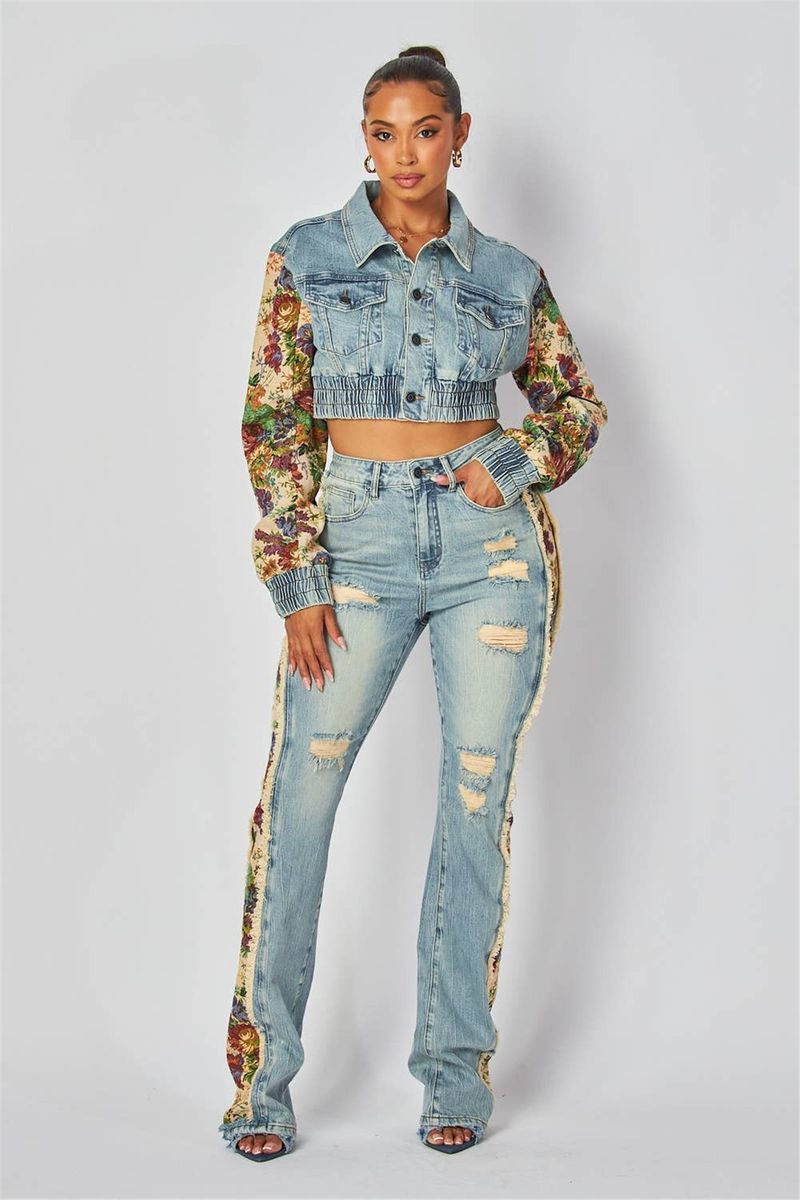 Moda feminina roupas estampadas cor combinando jaqueta jeans jeans terno de duas peças_voghion.com