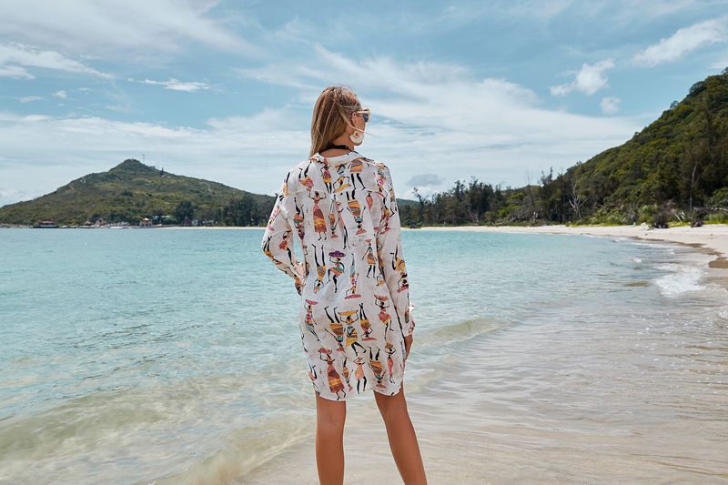 Übergroßes Langarm-Shirt mit Cartoon-Print für Damen, Strand-Überzug, Bikini, Bademode, Sonnenschutz, offene Vorderseite, Bluse_voghion.com