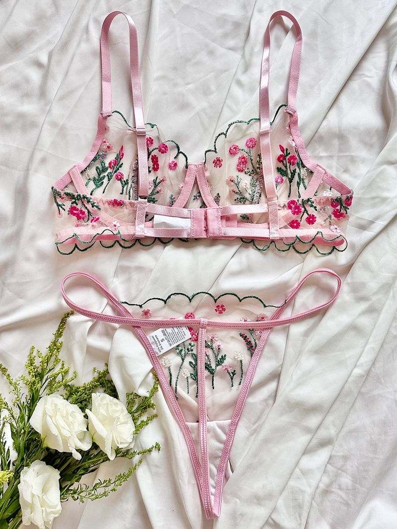 Europese en Amerikaanse buitenlandse handel Hot Selling Bloemen Borduurwerk Zoete Stijl Perspectief Mesh Sexy Comfortabele Sexy Ondergoedset Op Voorraad_voghion.com