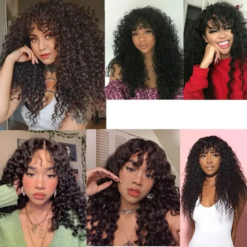 Peluca de cabello humano con ondas de agua y flequillo, pelucas de cabello humano con flequillo completamente hechas a máquina y rizadas con agua para mujeres, pelucas brasileñas_voghion.com