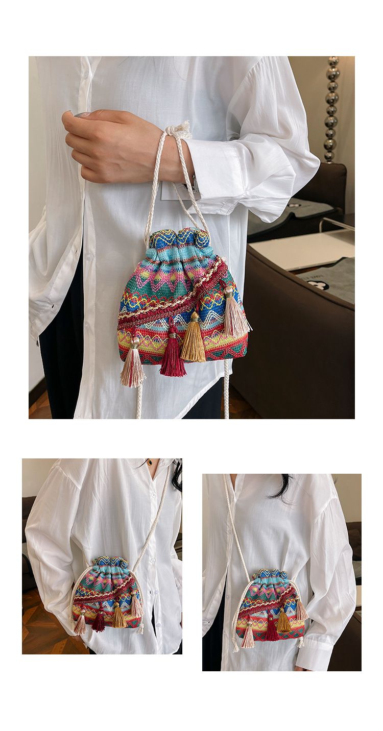 Borsa a secchiello da donna, stile etnico, borsa a tracolla con coulisse e nappa, borsa a secchiello da donna_voghion.com
