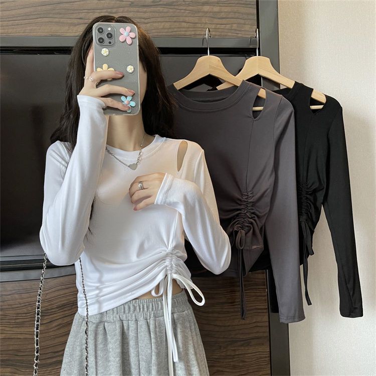 Ragazza 2022 Nuovo Top da donna per l'inizio dell'autunno, corto, slim fit, a maniche lunghe, intimo, design Sense, maglietta con coulisse, maglietta di base_voghion.com