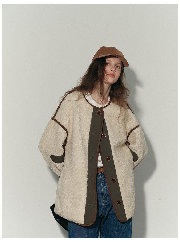 Patchwork Color-Block Lamswollen Jas Voor Dames Lente Nieuwe Mode Veelzijdige High-End Warme Top_voghion.com