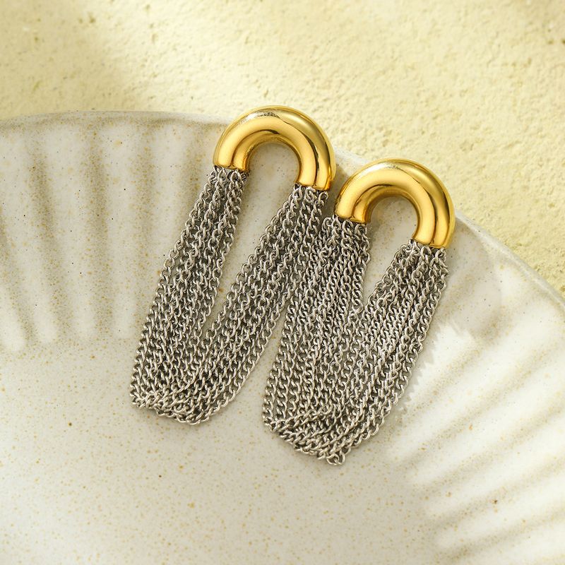 Women's Jewelry Elegant Curved Chain Drop Earrings With Tassel Design, Stainless Steel C-Shaped Hoop Earrings For A Sophisticated Look_voghion.com