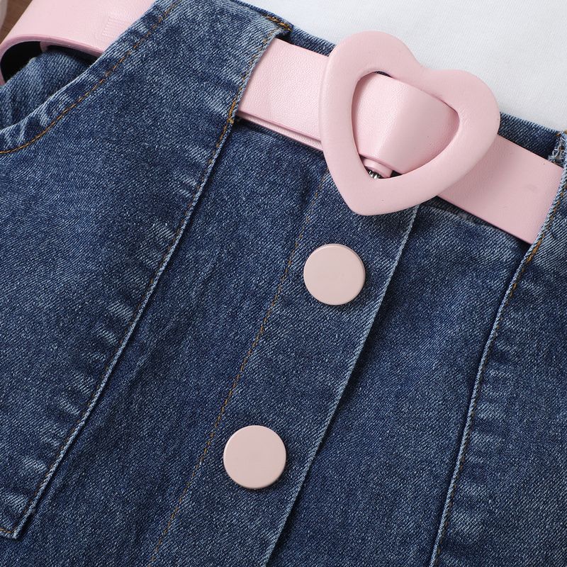 Mutter & Kinder Kinderkleidung Mädchen Einfarbiger Pullover Langarmoberteil Denim Offene Tasche Faltenrock Multi Schnalle Gürtelanzug_voghion.com