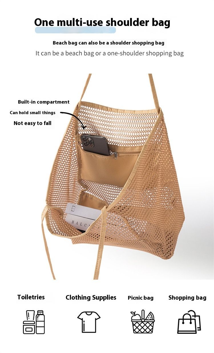 New Folding Beach Bag Mesh Handbag Women's Shoulder Bag Shopping Bag Summer Outdoor Travel Bag_voghion.com